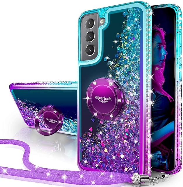 Miss Arts Galaxy S21 FE Case, [Silverback] Moving Liquid Holographic Sparkly Glitter Case With Kickstand, Girls Women Bling Diamond Ring Slim Protective Cover for Samsung Galaxy S21 FE -Purple