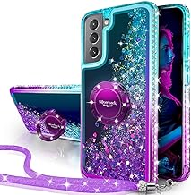 Silverback Case for Samsung Galaxy S21 FE, Shiny Glitter Case with Rotating Stand, Transparent Glass Phone Cases Cover for Samsung Galaxy S21 FE – Purple