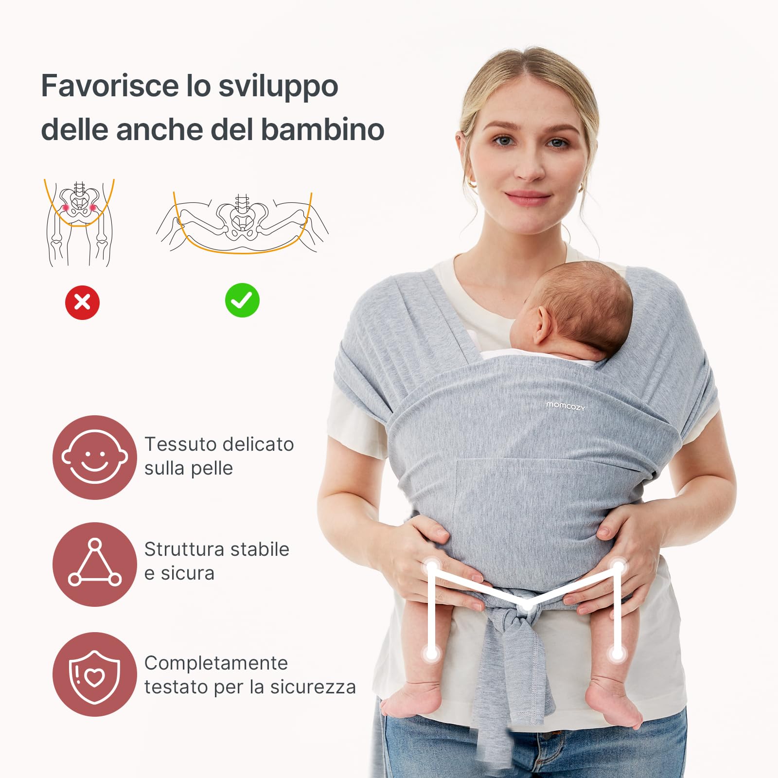Momcozy Fascia per neonati – Anello facile da indossare – Fascia per il trasporto traspirante per mani libere – Marsupio regolabile da 3,6 kg a 15 kg (nero-grigio)