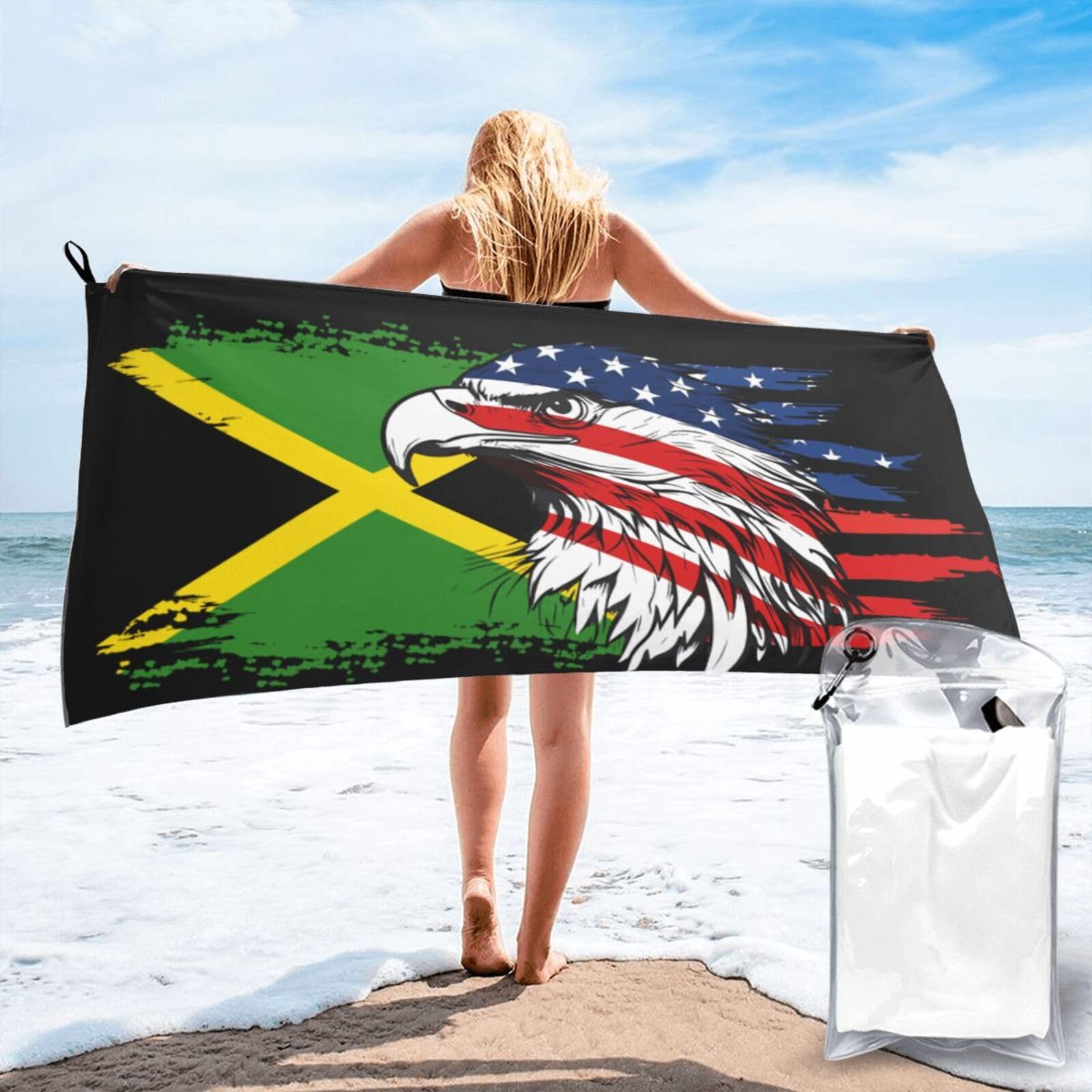 HACXZ America Flag and Jamaican Flag Microfiber Beach Towel Lightweight Absorbent Travel Pool for Men Women 27.5"X55"