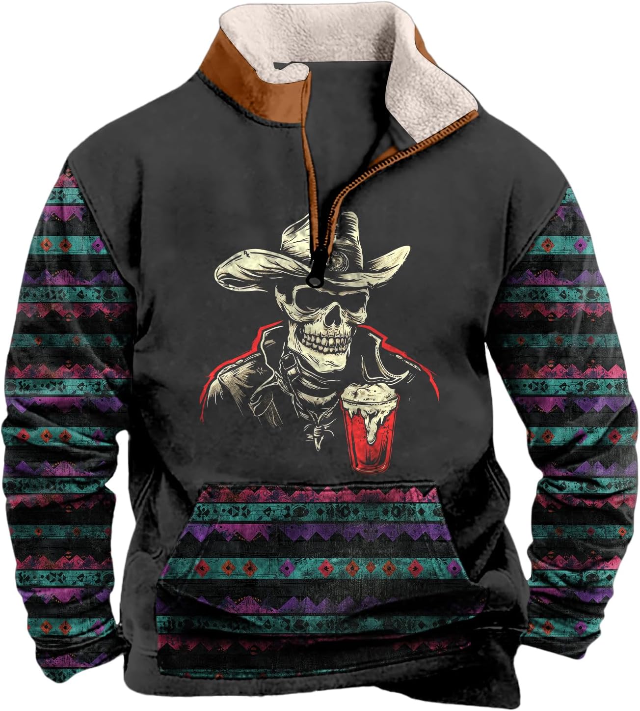 domirica Mens Aztec Cowboy Western Quarter Zip Pullover Long Sleeve Sweatshirt Oversized Crewneck Hoodie