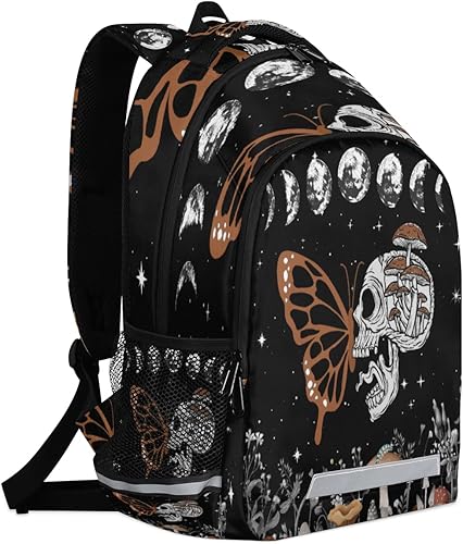 Miniatura 5 de Mochila espacial de calavera gótica marrón, mariposa, galaxia negra, mochila espacial para escuela, portátil, mochila casual para adolescentes,