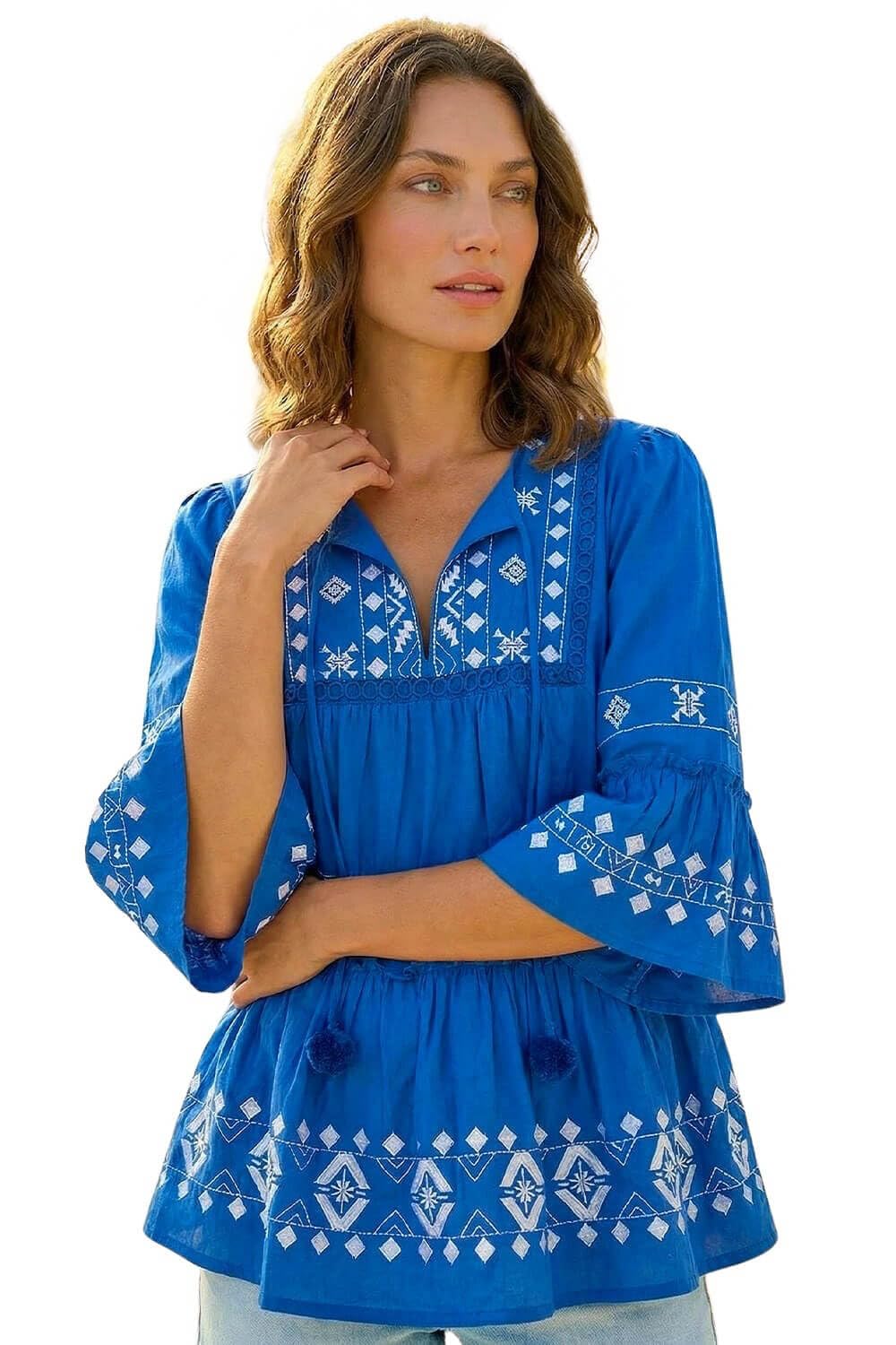 Roman Originals Women's Petite Blue Roman Petite Contrast Print Pom Pom Top For Uk - Everyday Holiday Spring Summer V-Neckline Comfy Soft Evening Vacation Work Party - Size 16