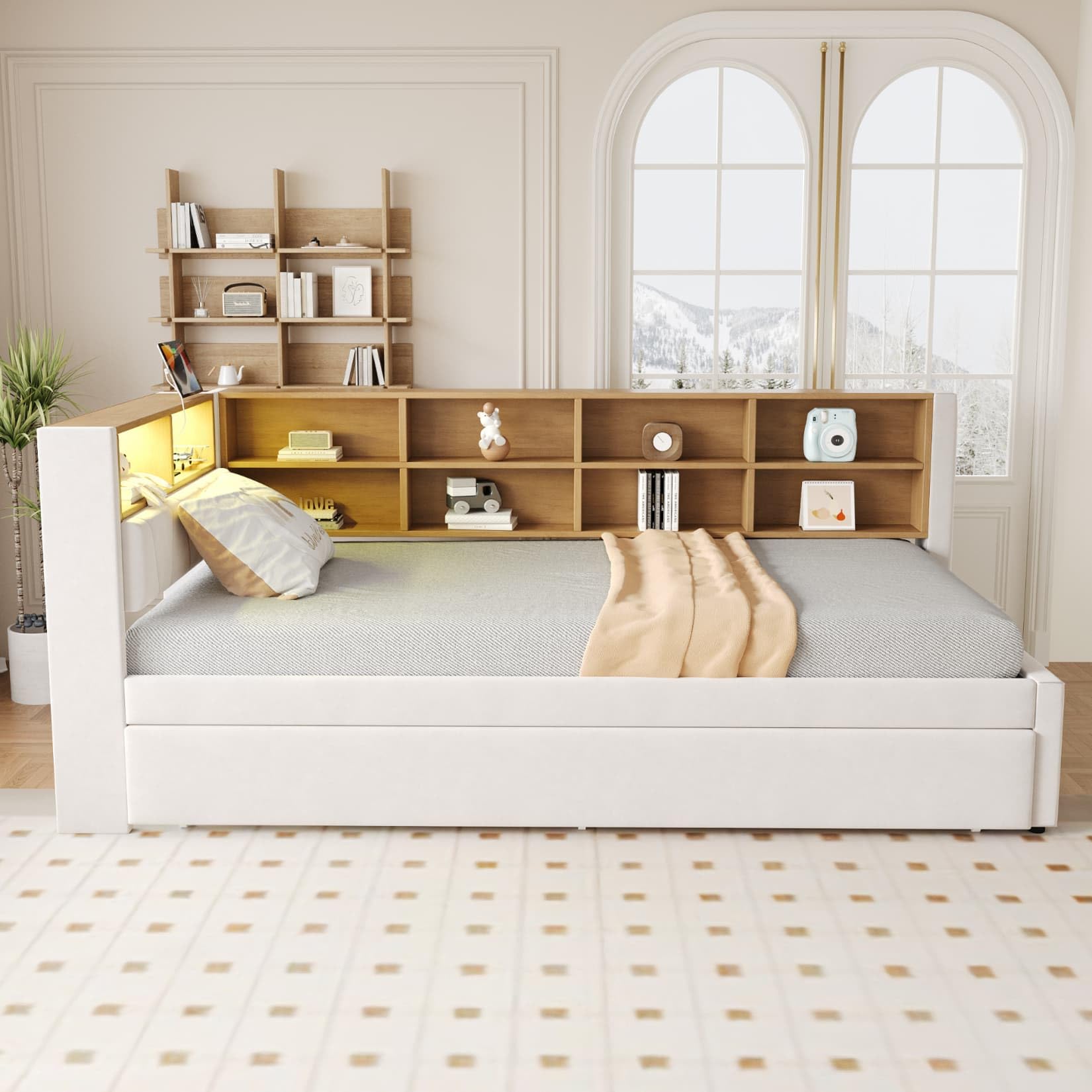 PUGSDRLY Lit 1 Place 90x200cm avec lit gigogne 90x190 et Compartiments de Rangement,Canapé Lit avec Lampes LED,Prise électrique et Port USB,pour Enfant Adolescent Adulte,sans Matelas (beige-90B)