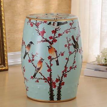 Chinoiserie Ceramic Garden Stool - Hand-Painted Floral and Bird Drum Stool,Breathable Hollow Out Design Side Table for Patio,Living Room and Garden,220lbs CapacityBlue