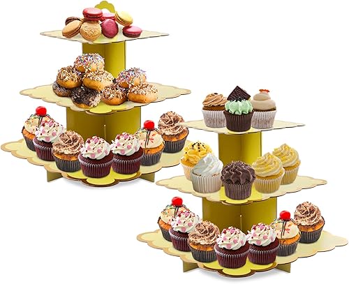 Soporte para cupcakes, 2 juegos de platos cuadrados de cartón de 3 niveles, mini pasteles, frutas, dulces, torre de exhibición de galletas, soporte