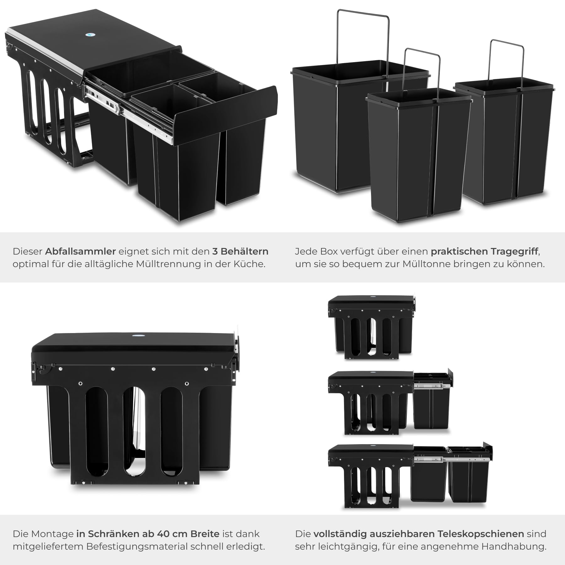 tectake® Abfallsammler, Mülleimer 3 Fächer, Mülltrennsystem Küche, für Schrank, Mülleimer Küche ausziehbar, Einbaumülleimer, Abfalleimer Küche. Mülleimer Küche Unterschrank - 2x 8L + 15L