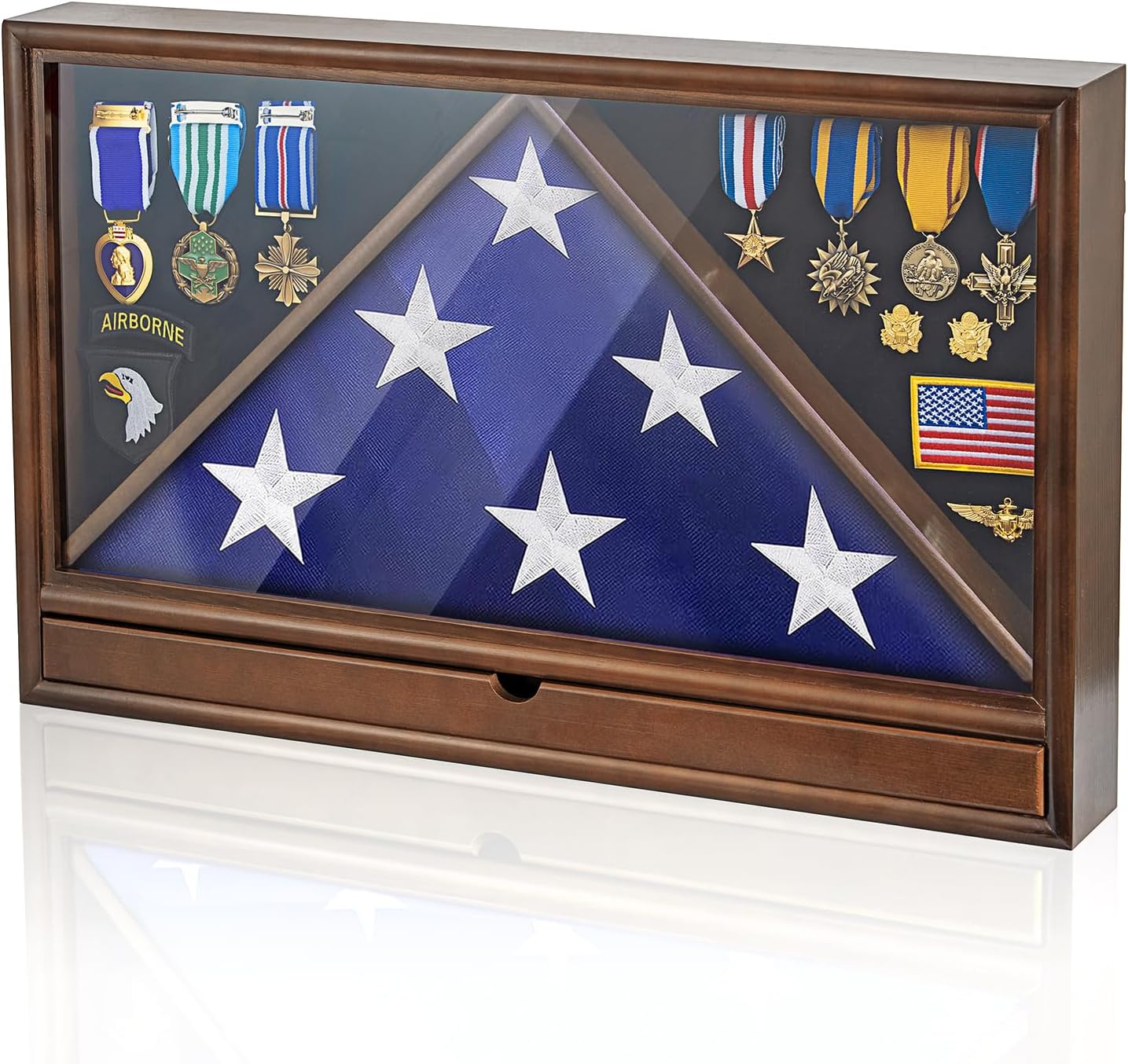 Solid Wood Military Flag Display Case for 5'x9.5' Burial Flag | Rectangle, Built-in Drawer, HD Acrylic Board, Display Badges and Medals, Table/ Wall Mount, Memorial Flag Holder, Brown