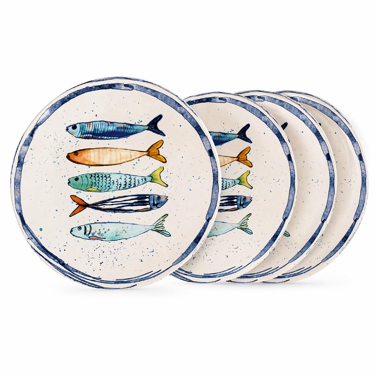 Teller im mediterranen Design mit Sardinen-Motiv | Maritime Speiseteller (26 cm), Suppenteller (21 cm) oder Dessertteller (20 cm) - robust, Steinzeug, glattes Finish (4er Set Dessertteller (20 cm))