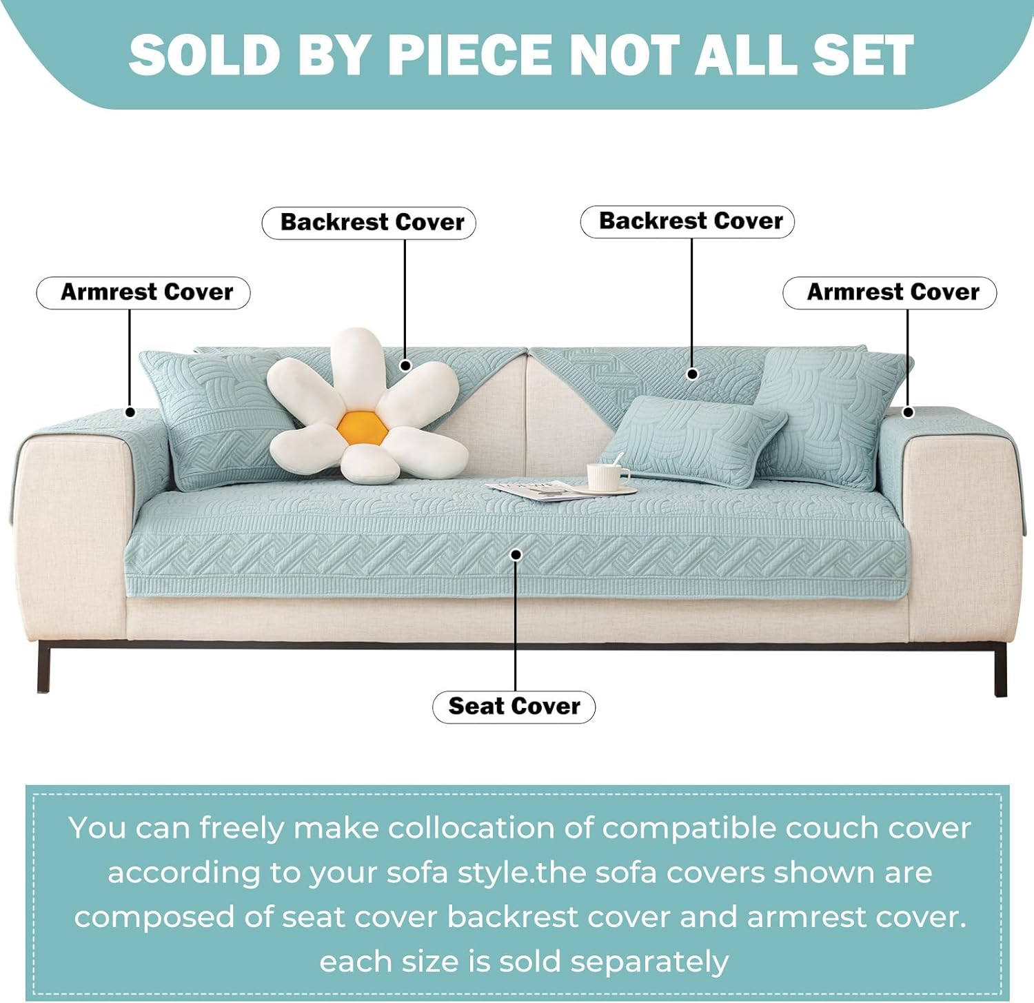 vctops Solid Color Cotton Quilted Sofa Couch Cover Weave Pattern Soft Sectional Couch Covers Embroidery Non-Slip Sofa Slipcover for Dogs, Children, Pets Furniture Protector (Blue,43"x43")