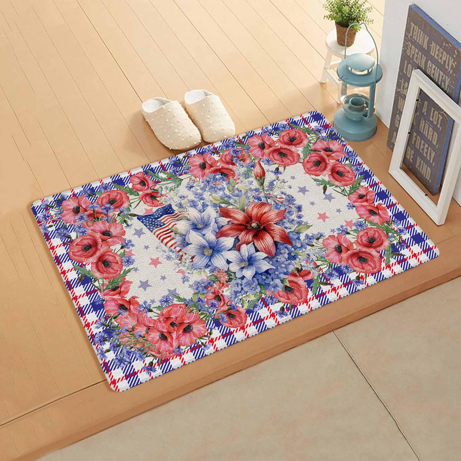 Independence Day Plaid Antifatigue Kitchen Bath Door Mat Cushioned Runner Rug,Washable Welcome Floor Sink Mat,Waterproof & Non-Slip Kitchen Standing Doormat,Red Blue Stripes Stars Flag Flower 24