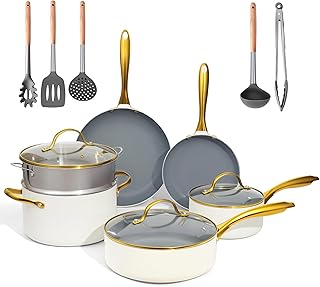Keramische kookset, gezond, pannen en pannenset met deksel, antiaanbaklaag (zonder PFAS, PFOA), keuken, inductie, ovenbestendig, vaatwasser, beige/witgoud (crème, grijs, goud)