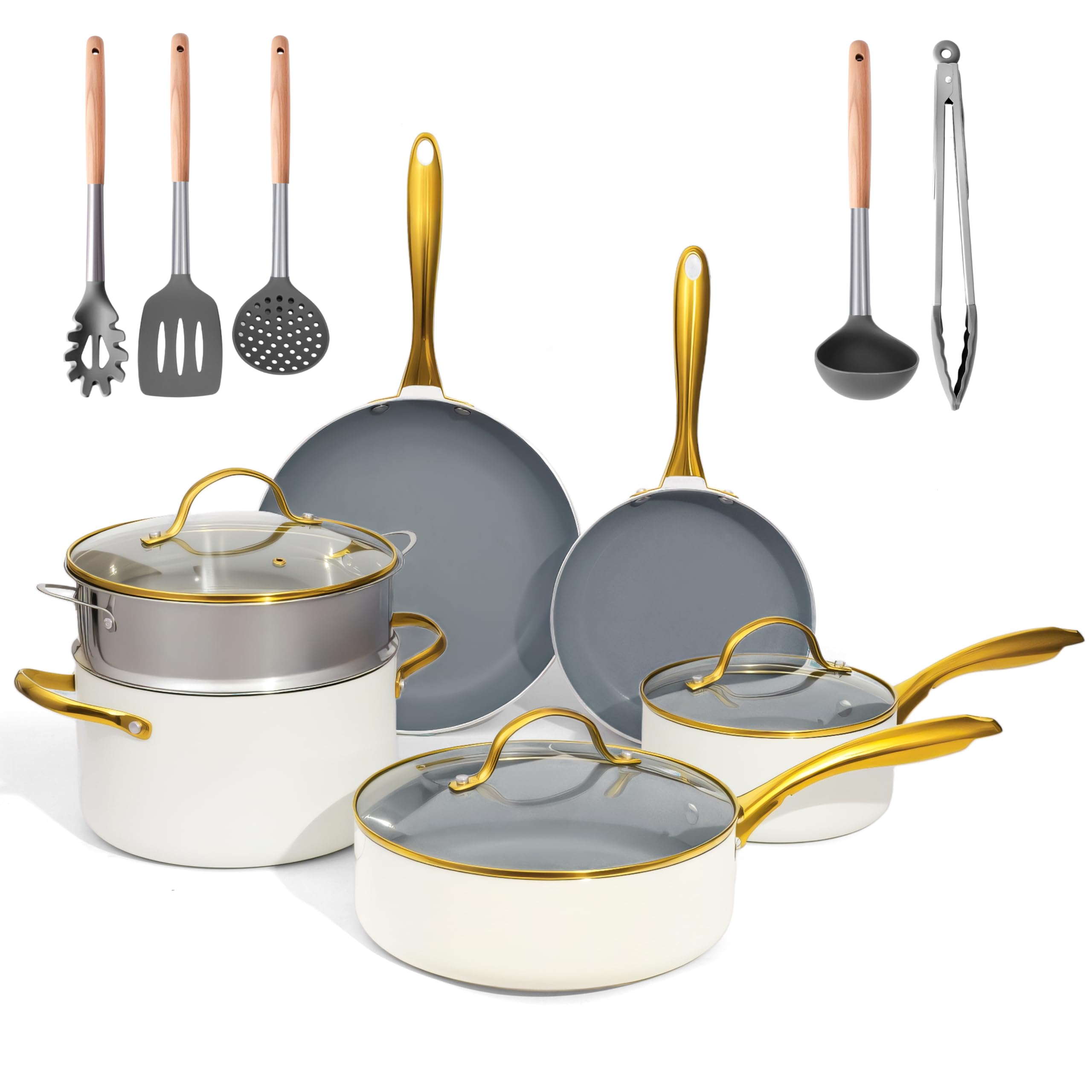 Set di pentole e padelle in ceramica, con coperchio, antiaderenti (senza PFAS, PFOA), cucina, a induzione, utilizzabile in forno, lavastoviglie, beige/bianco oro (crema, grigio, oro)