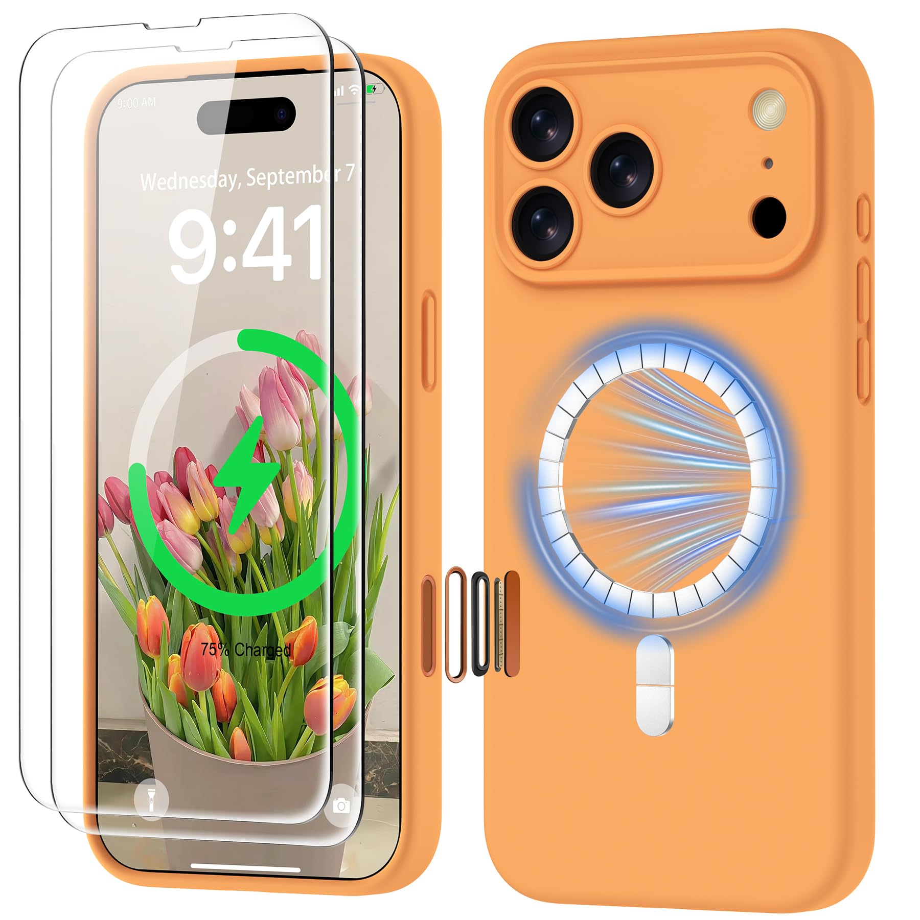 GOODVISH Magnetica Silicone Cover per iPhone 17 Pro Max 6.9", Custodia con 2x Vetro Temperato [Pulsante Controllo Fotocamera] 360° Protezione Anticaduta Case per Antiurto Resistente, Arancia