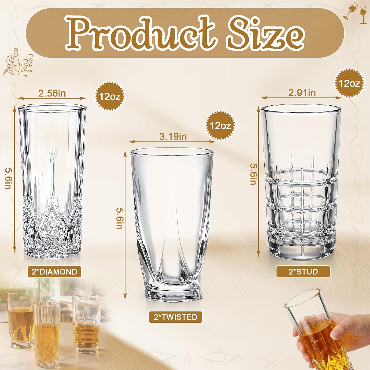 Mifoci 6 Pack 12oz Crystal Highball Glasses 3 Styles Vintage Textured Clear Glass Cups for Whiskey Cocktail Tea Beer Soda, Dishwasher Safe Drinking Glassware for Home Bar Party Gift