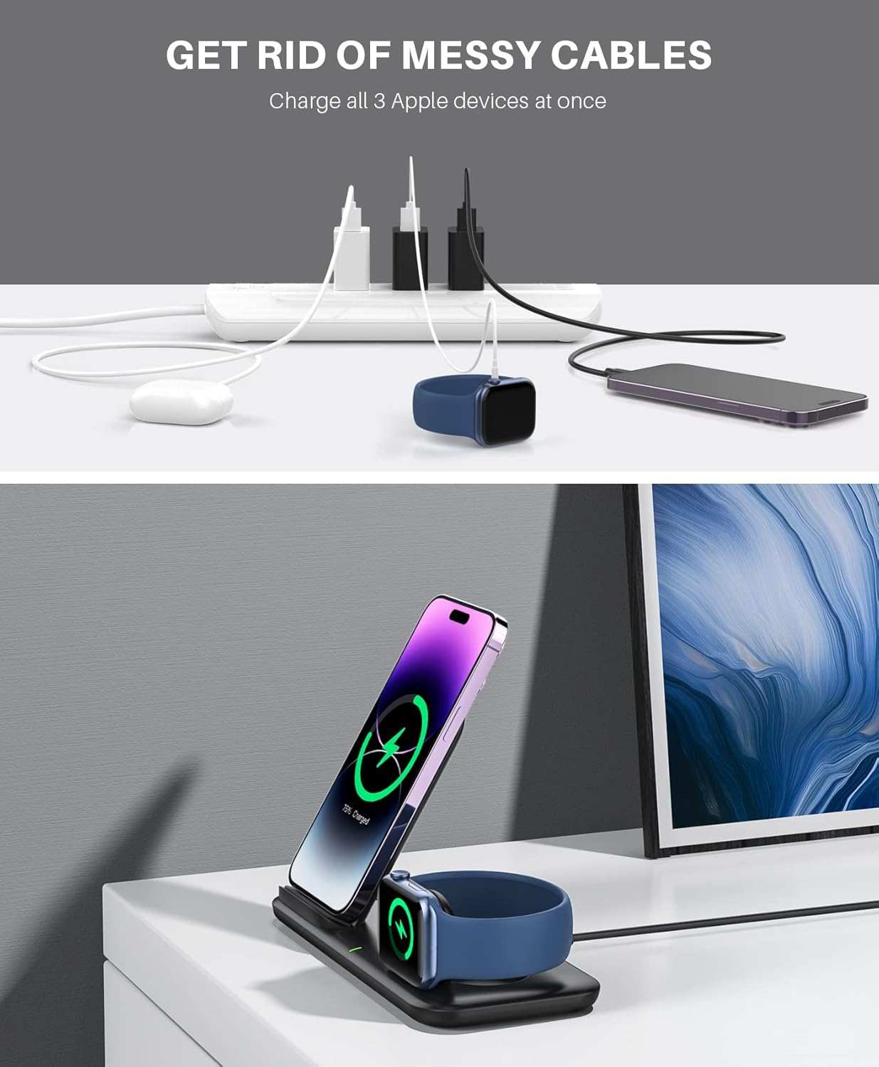 3 in 1 Wireless Charging Station for Apple Watch Ultra 9 8 7 6 SE 5 4 3, iPhone 15/Plus/Pro Max/14/13/12/11, AirPods Pro 2(with Adapter)