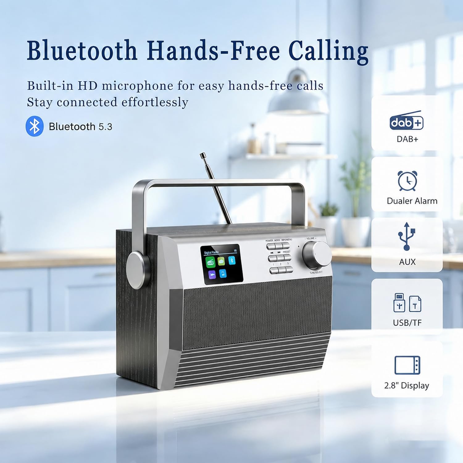 Radio DAB+ in legno Stereo Display Colorati | Legno MDF, Stereo 2x3W, Sveglia dimmerabile, Per camera da letto, USB/TF/AUX, Altoparlante wireless 5.3