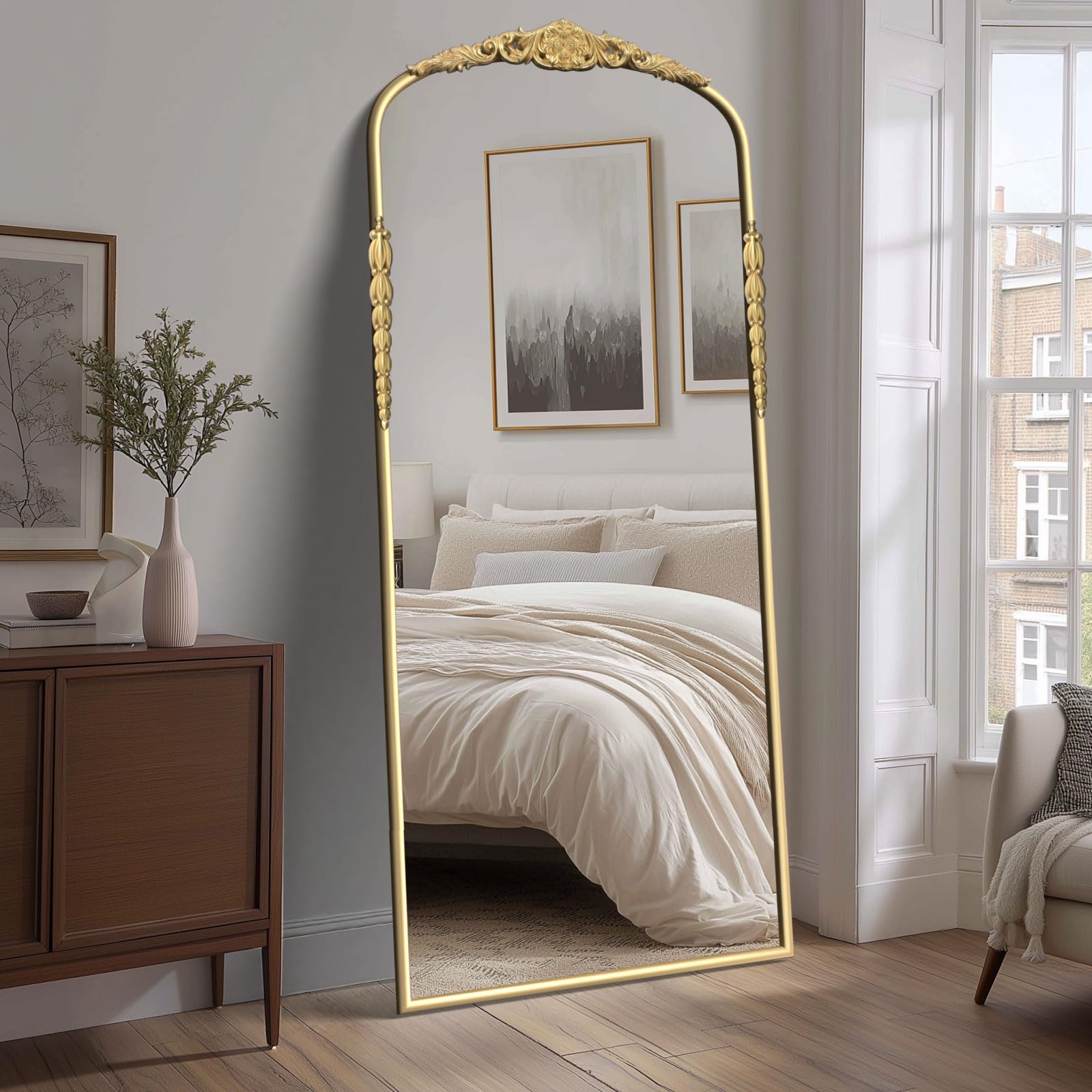 G-LEAF Großer Ganzkörperspiegel 180x76 cm, Vintage Bogenspiegel mit Barock Goldrahmen, Antik Standspiegel & Wandspiegel XXL Ankleidespiegel für Schlafzimmer, Wohnzimmer, Flur