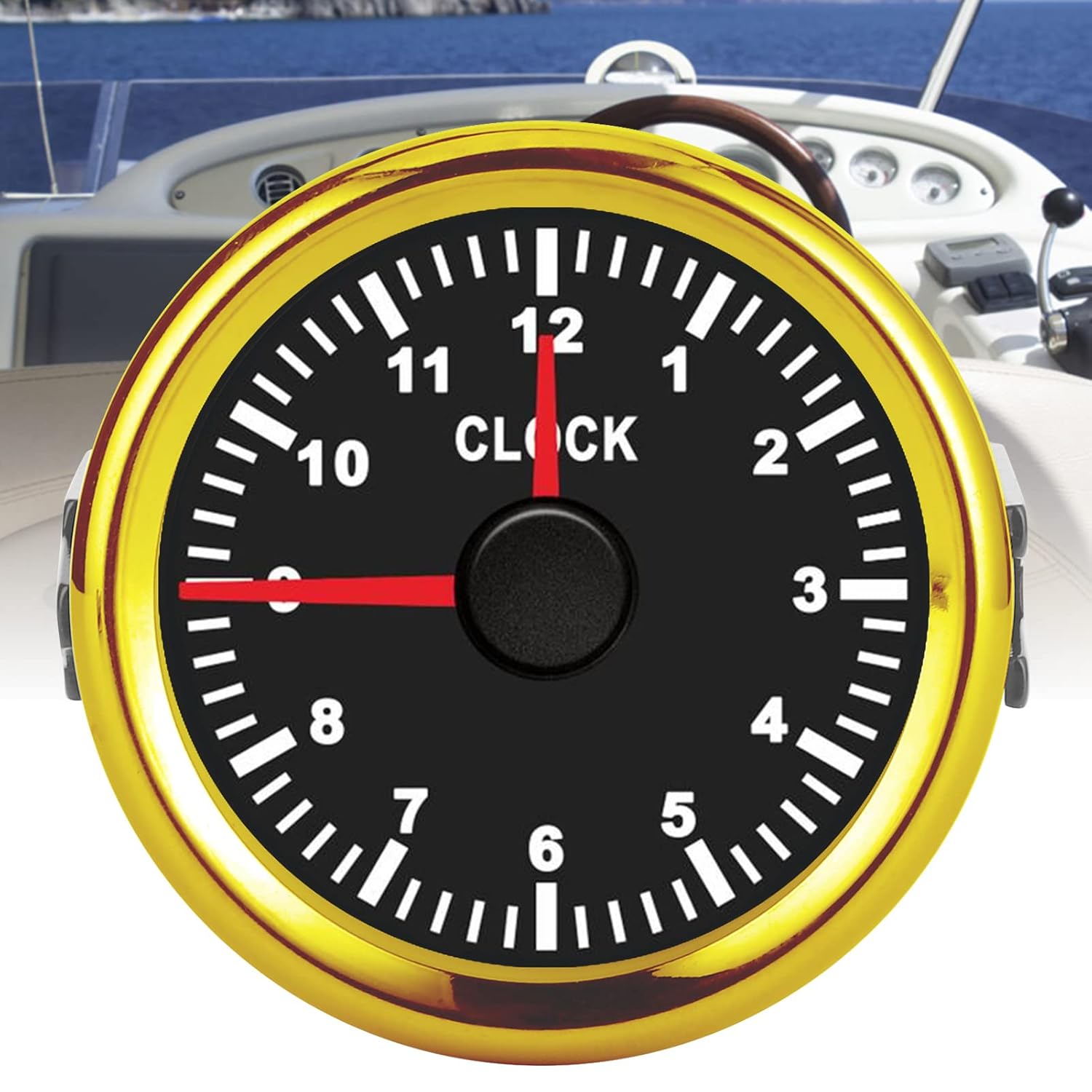 Universal Clock Gauge Instrument 0-12 Hourmeter Red Backlight 12V/24V for Car Boat Yacht (Gold Frame on Black Background)