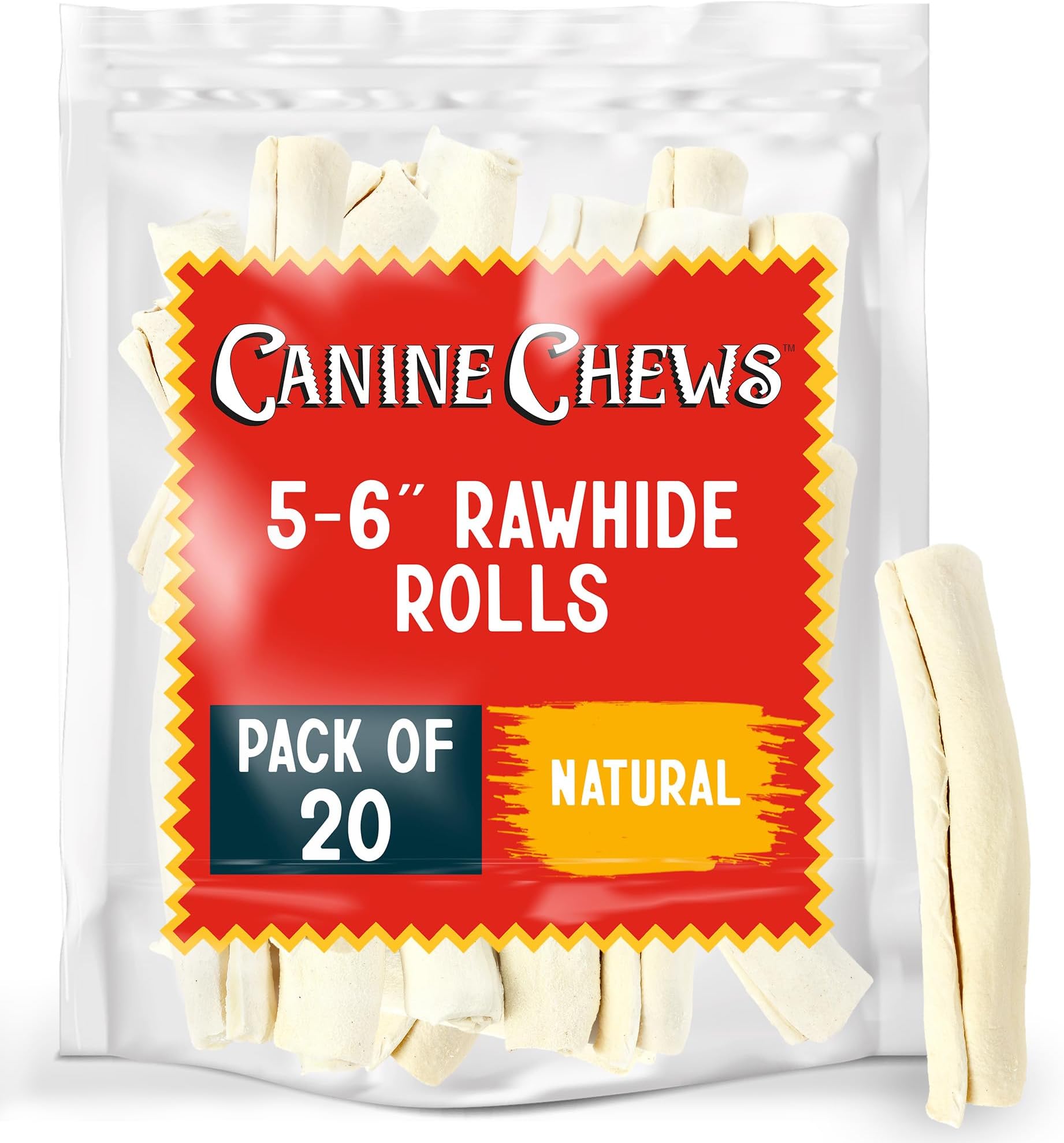 Canine Chews 5-6" Dog Rawhide Retriever Rolls - Pack of 20 Extra Thick Dog Rawhide Chews - 100% Real & All-Natural Beef Rawhide Bones for Small Dogs - Healthy Single-Ingredient Natural Rawhide Rolls