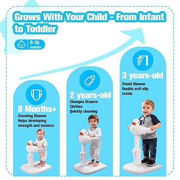 Baby Shower Stand with Shower Cap & Stool - Safety & Non-Slip Baby Bath Stand, Toddler Shower Stand for Infants 6-36 Months, Shower Standing Support Max 35 Lbs Capacity