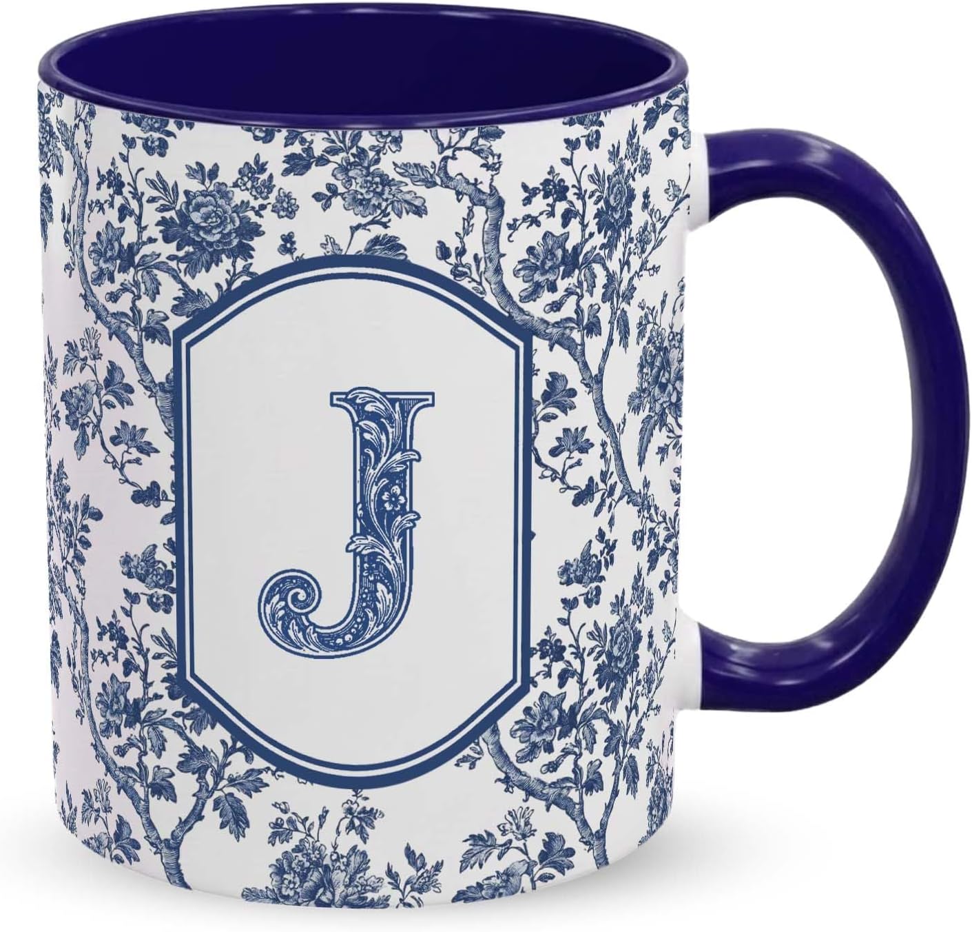 Blue Toile Letter J Mug, 11 oz French Floral Ceramic Coffee Cup Tea Cup with Initials, Personalized Birthday Gifts for Women Men Friend Friendship Unique Aesthetic Mug