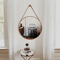 Espelho De Banheiro Decorativo Redondo 50cm com Alça em Couro Caramelo com Pino de Fixação na Parede