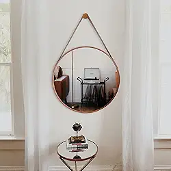 Espelho De Banheiro Decorativo Redondo 50cm com Alça em Couro Caramelo com Pino de Fixação na Parede