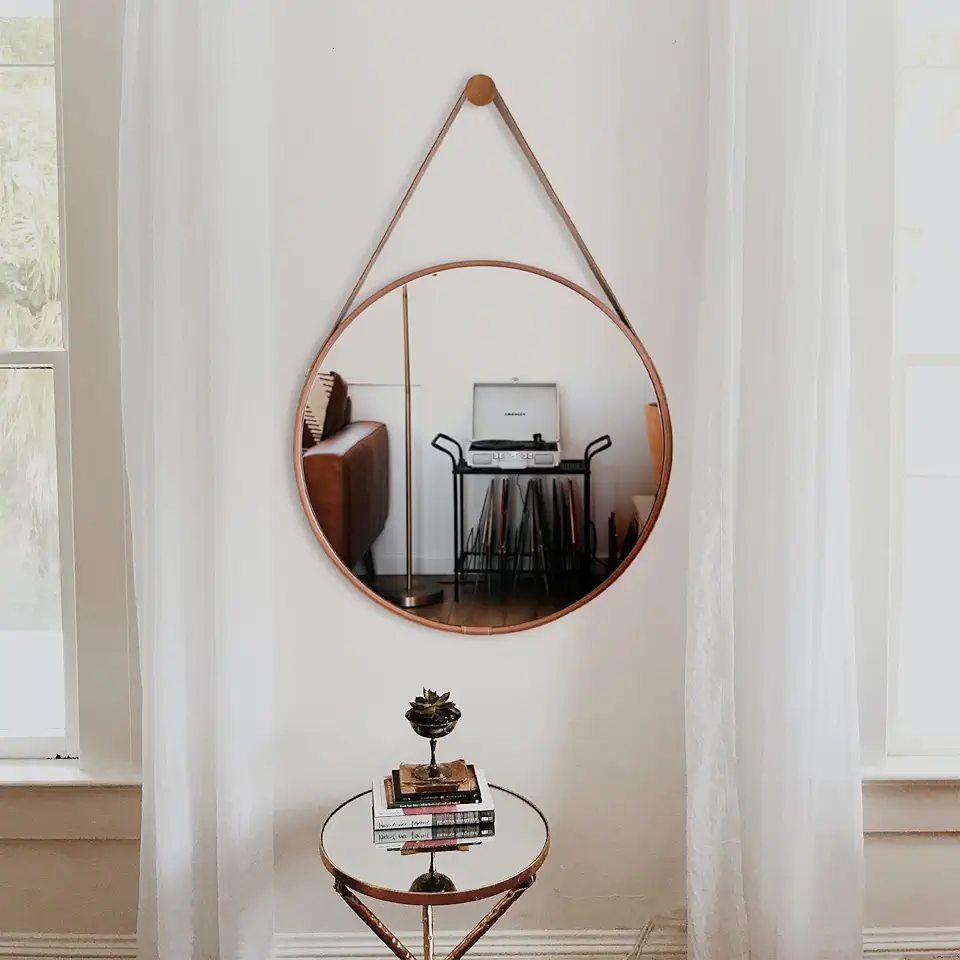 Espelho De Banheiro Decorativo Redondo 50cm com Alça em Couro Caramelo com Pino de Fixação na Parede