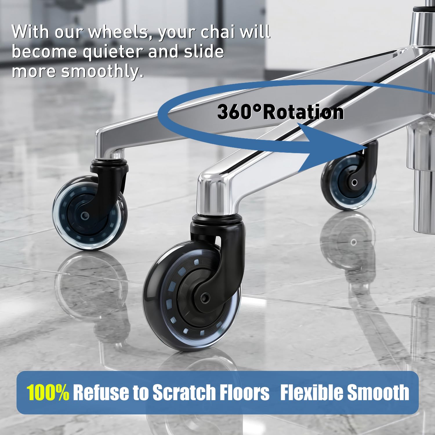 Hirate 3 inch Office Chair Caster Set of 5 Mute Wheel Blue 7/16" Stem | Heavy Duty Desk Chair Replacement, Crescent-shaped, Smooth Rolling Safe for Hardwood, Carpet, Tile, Universal Fit 11mm