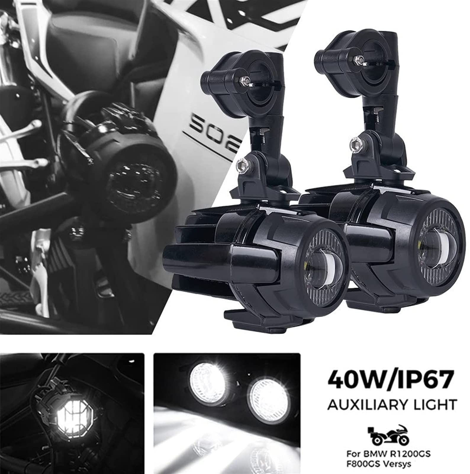 Pair Universal Motorcycle LED Auxiliary Fog Light Assemblie Driving Lamp 40W Headlight Fit For BMW K1600 R1200GS ADV(Section A)