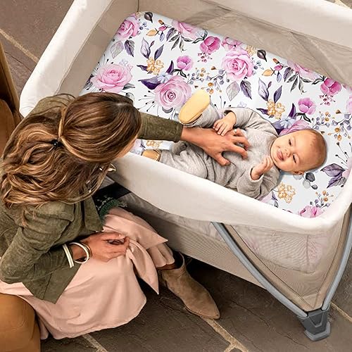 Miniatura 5 de Pea Pod Pack N Play - Sábanas para bebé niña, paquete de 2 sábanas neutras florales para cuna, sábana bajera ajustable y portátil, tejido de jersey