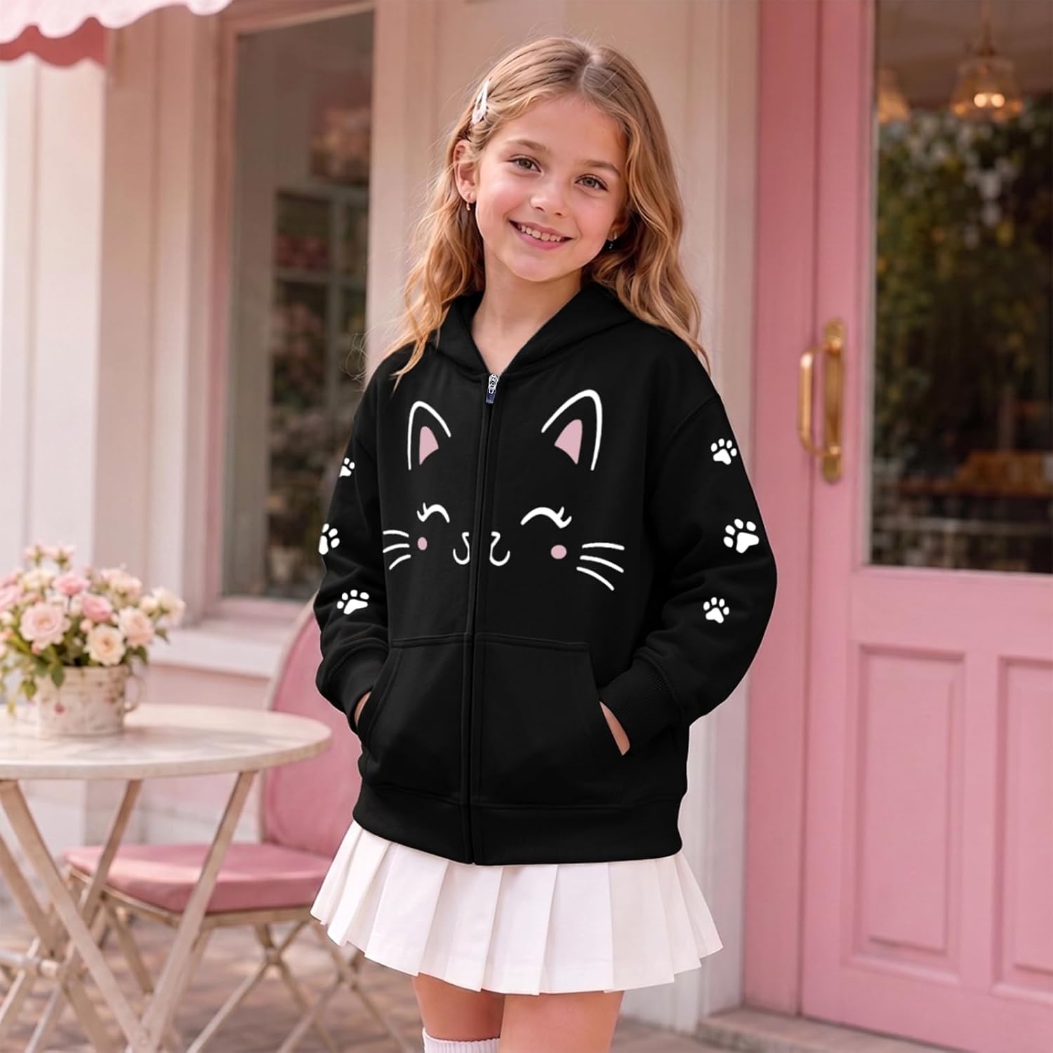 KEEVICI Girls Cat Zip Up Hoodie Cute Graphic Hoodies for Kids Kawaii Cat's Paw Zipper Sweatshirt