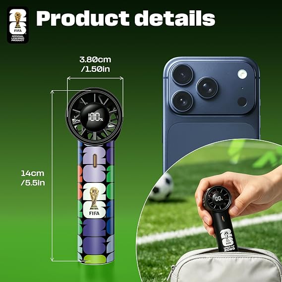 FIFA Portable Handheld Fan, 5-Speed Turbo Cooling Mini Fan, USB-C Rechargeable Personal Fan with LED Display, Pocket Size Handheld Fan for Stadium Game Day, Travel & Outdoor Gifts