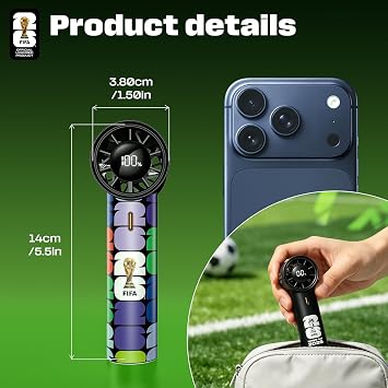 FIFA Portable Handheld Fan, 5-Speed Turbo Cooling Mini Fan, USB-C Rechargeable Personal Fan with LED Display, Pocket Size Handheld Fan for Stadium Game Day, Travel & Outdoor Gifts