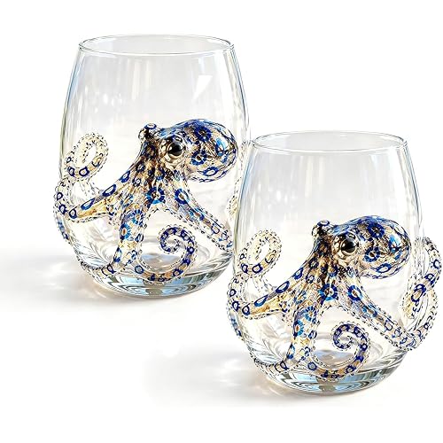 Artisanal Blue Ringed Octopus Glassware, Artistic Handmade Glass Tumbler, Ocean Octopus Themed Drinking Stemless Wine Glasses, Nautical Ocean Decor Drinking Cup (2PCS)