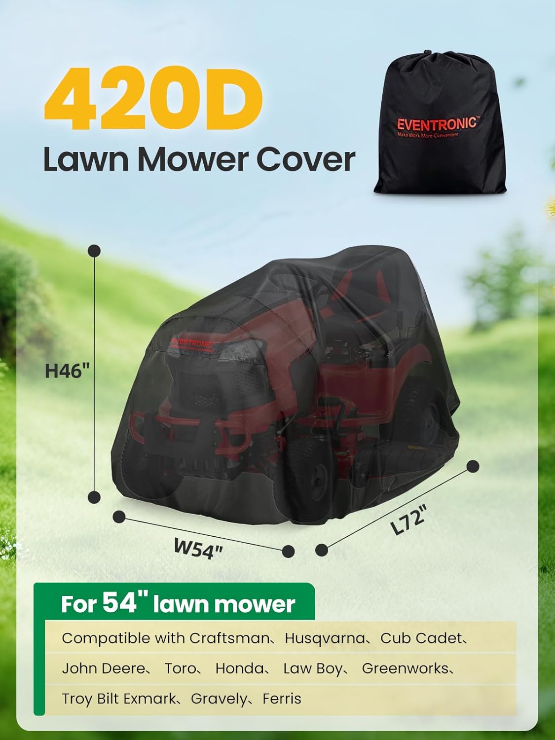Riding Lawn Mower Cover, Eventronic 54“ Riding Lawn Tractor Cover Waterproof Heavy Duty Durable (420D-polyester oxford)