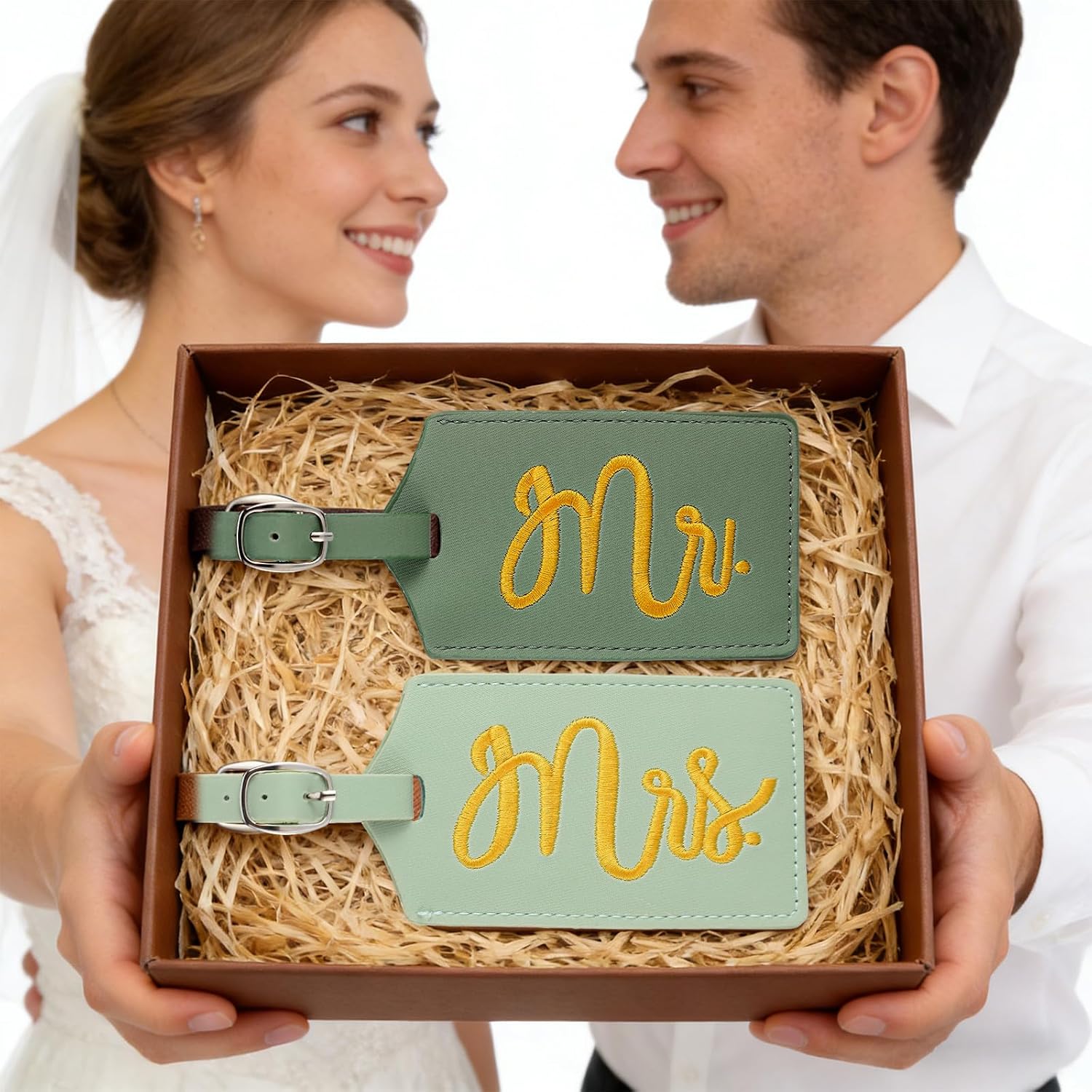 Hsei 2 Pcs Mr and Mrs Luggage Tags 2026 Honeymoon Gifts Wedding PU Leather His Her Luggage Tag Bridal Shower Gifts for Couple(Sage Green)