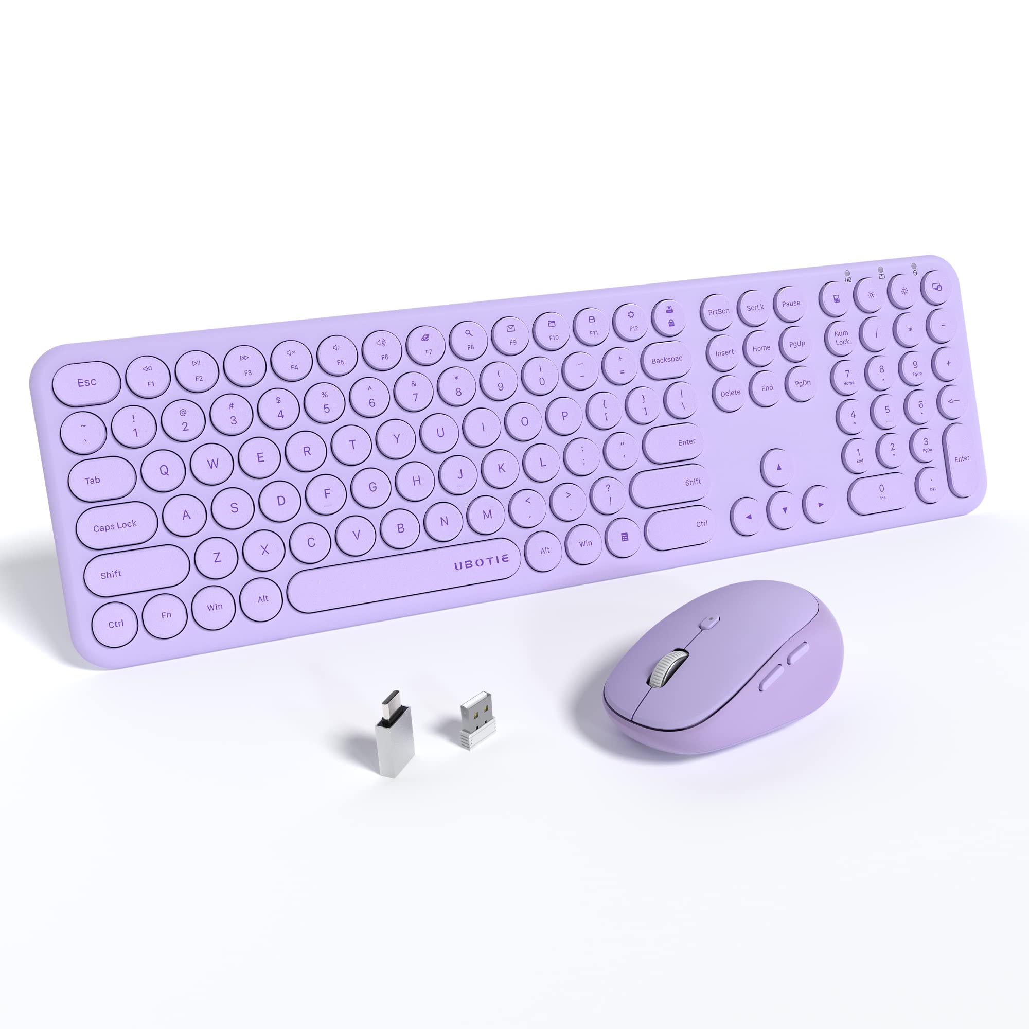 UBOTIE Wireless Keyboards and Mouse, Silent Scissor Switches Slim Keyboards Mice Set, Quiet Full Size 111 Keys with Adjustable Optical DPI Mouse for Office (Light Purple)