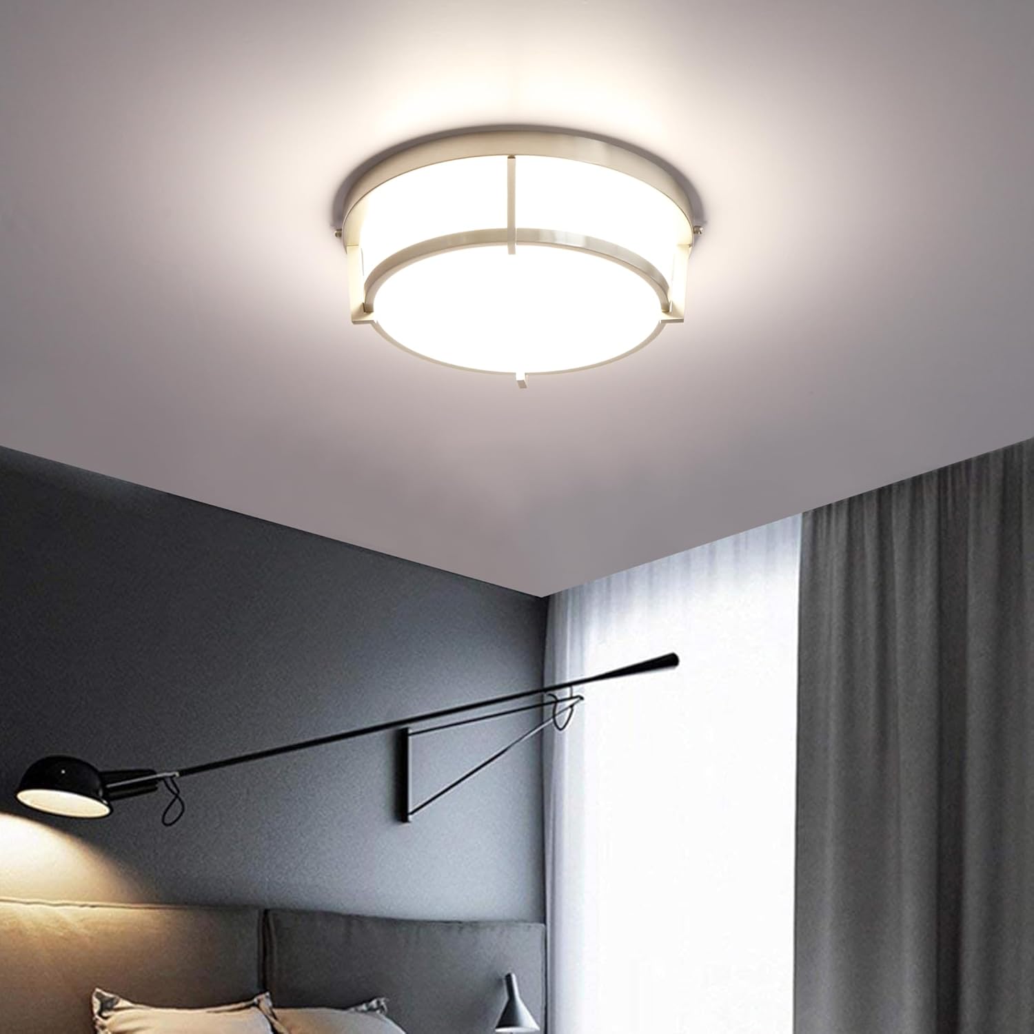 Dim to Warm (2700K-4000K) 13 Inch LED Flush Mount Ceiling Light, 25W Dimmable Modern Ceiling Lighting Fixture for Bedroom, Kitchen, Living Room - ETL Listed, Brushed Nickel