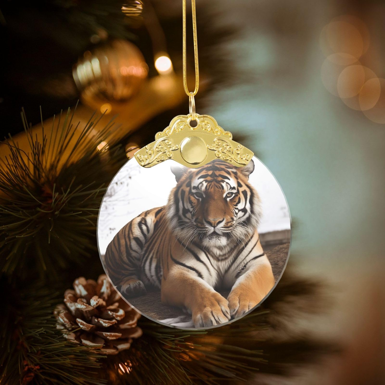 Crystal Christmas Ornaments for Christmas Tree Decoration Hanging Big Tiger Ornament with Gold Ribbon Crafts Round Pendant for Keepsake Gifts Glass Xmas Decor Party Supplies