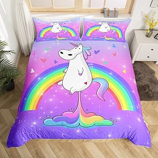 Erosebridal Unicorn Bedding Set Twin,Corloful Rainbow Duvet Cover for Little Kids Boys Girls Bedroom Decor,Purple Starry Sky Comforter Cover with Zipper,Kawaii Cartoon Animals Bed Cover 2Pcs