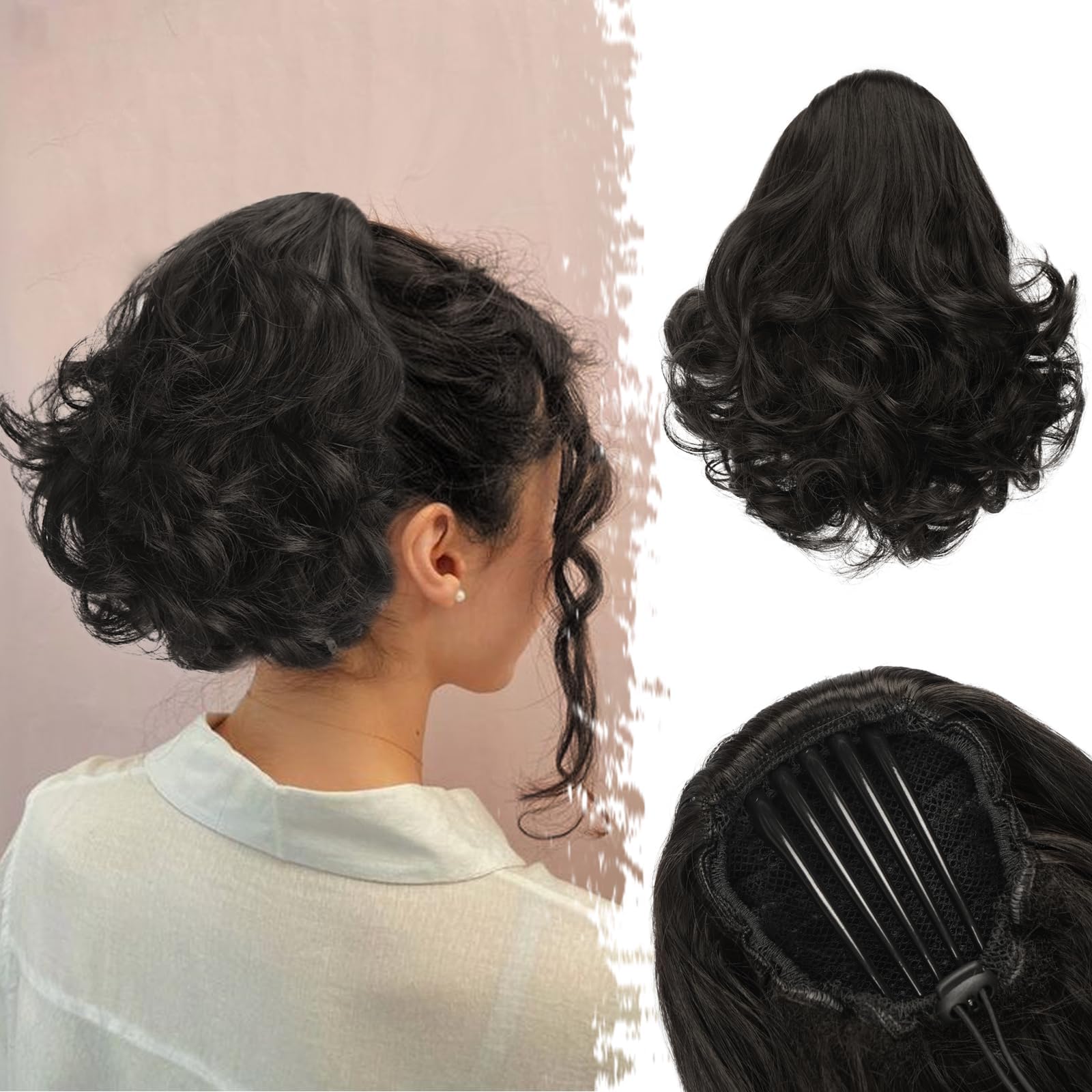 BARSDAR Comb Clip Ponytail Extension 9 In Drawstring Short Wavy Ponytail Hair Extensions Synthetic Black Hair Clip In Pony Tails Hairpieces for Women Natural Soft Daily- Natural Black