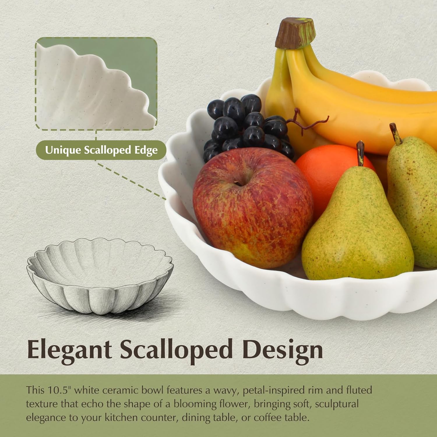 10.5 Inch Large Scalloped Fruit Bowl for Kitchen Counter, Handcrafted White Ceramic Decorative Bowl with Wavy Fluted Edge, Catch-all Bowl for Entryway Keys, Neutral Home Decor Centerpiece Bowl