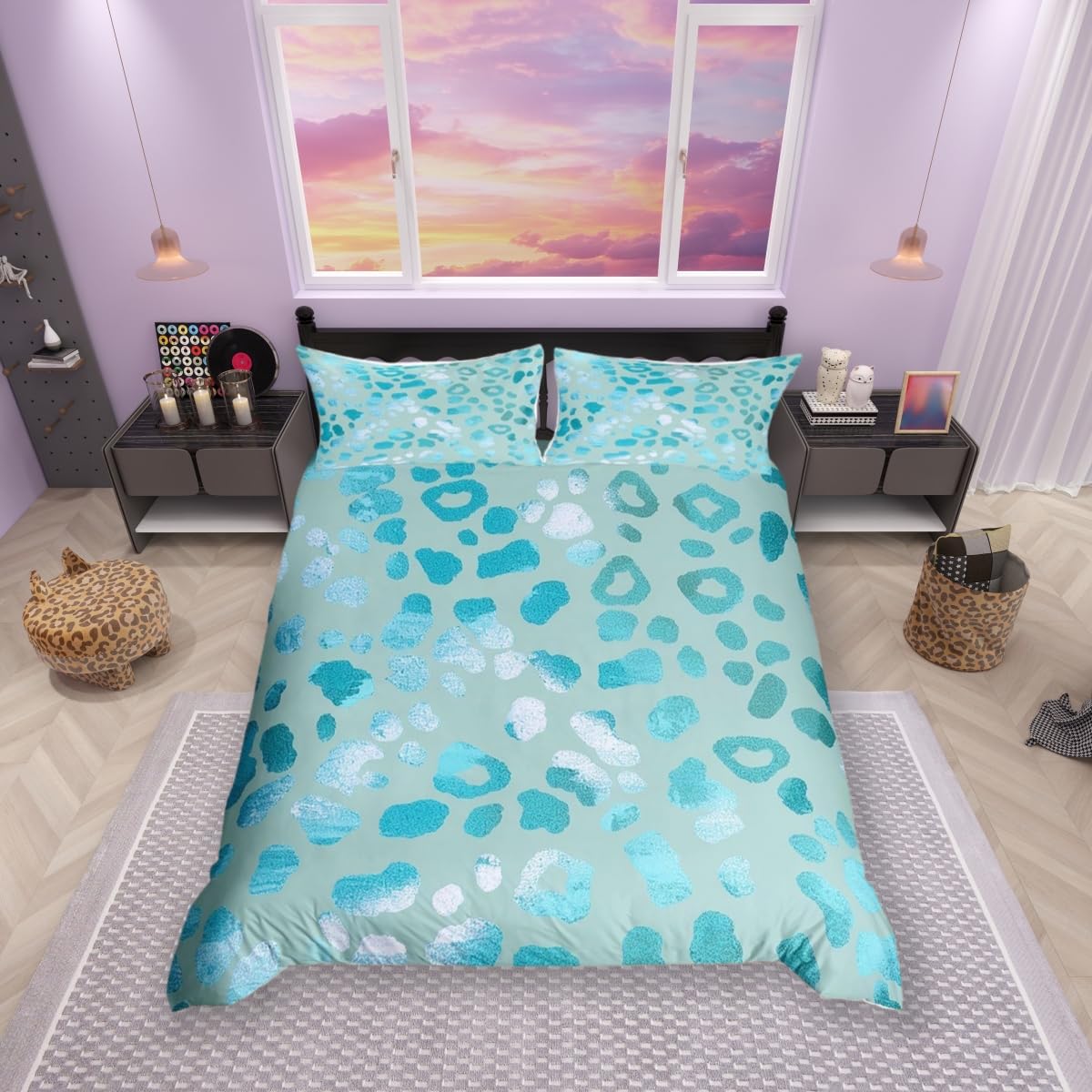 Feelingyou Girls Leopard 02 Blue Leopard Bedding Set,Cheetah Print Duvet Cover For Teens,Kids Wild Animal Skin Comforter Cover Decorative Room,Children Marble Abstract Art Quilt Cover With 2 Pillowcases,Double Size