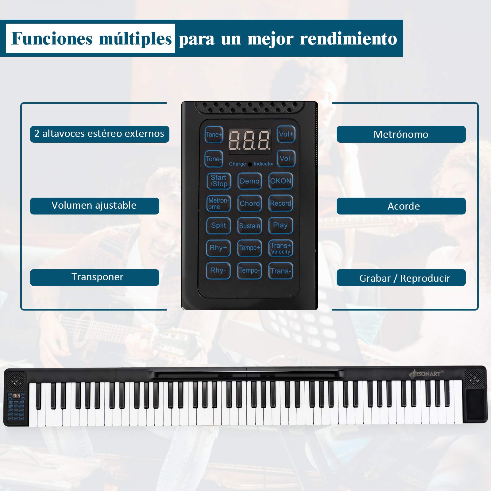 COSTWAY Teclado Eléctrico con 88 Teclas Teclado Digital 128 Ritmos / 128 Tonos/Bluetooth/Altavoces para Niños Principiantes