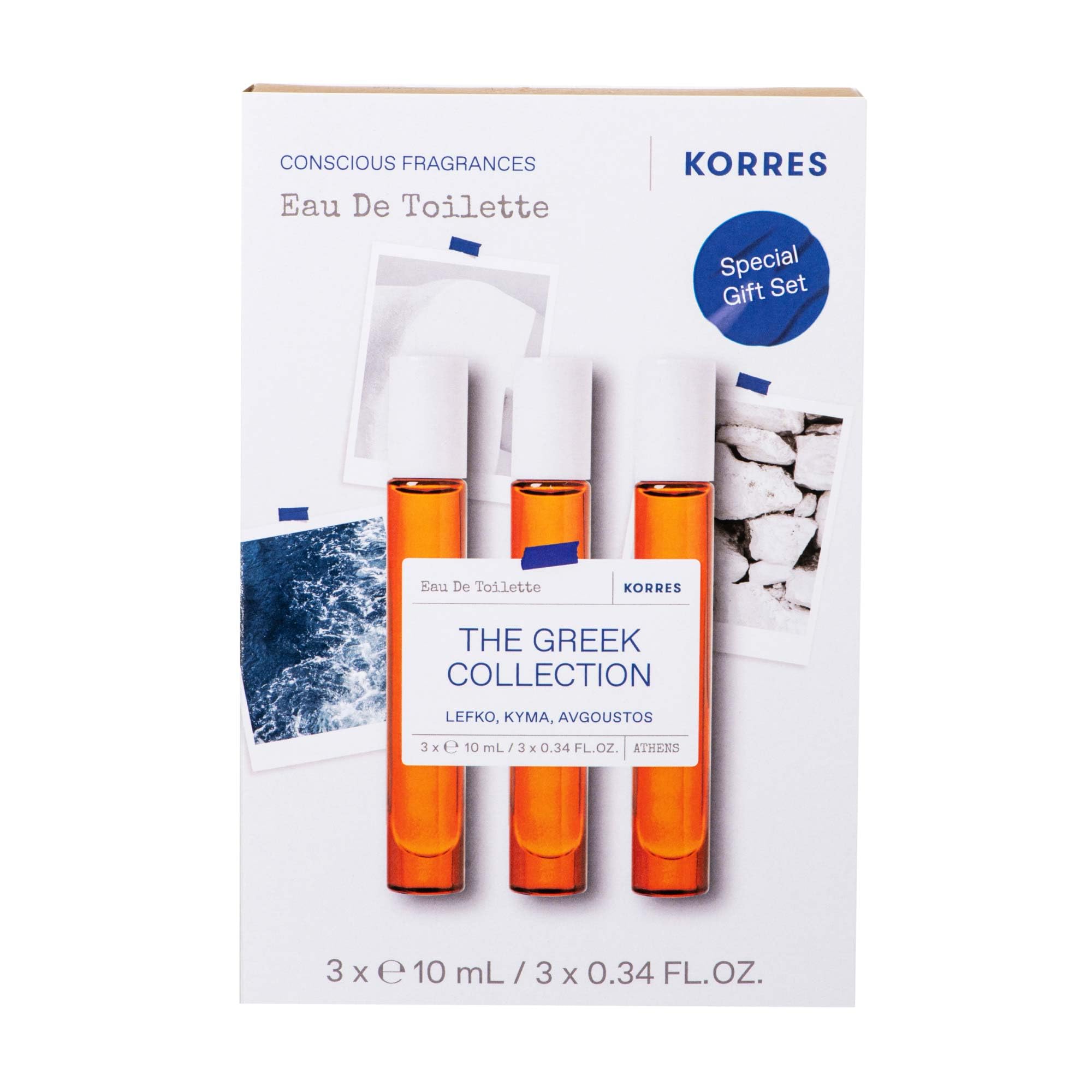 KORRES GREEK SCENTS Eau de Toilettes zestaw podróżny, uniseks, grecki zestaw zapachowy z Kyma, Lefko i Avgoustos, rozmiar podróżny, wegański, 3 x 10 ml