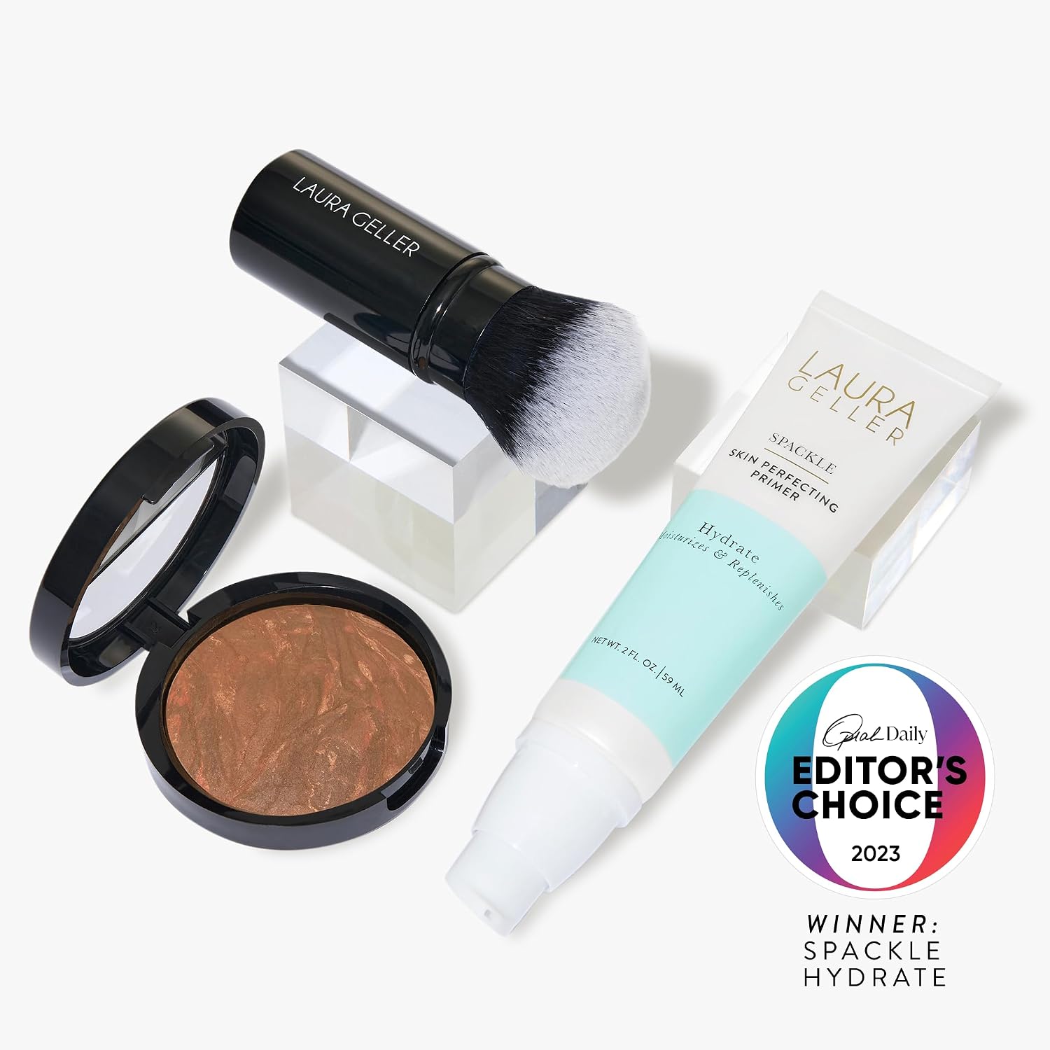 LAURA GELLER NEW YORK Face the Day Kit (3 PC) - Balance-n-Brighten Foundation, Toffee + Spackle Skin Perfecting Primer, Hydrate + Airbrush Round Kabuki Brush