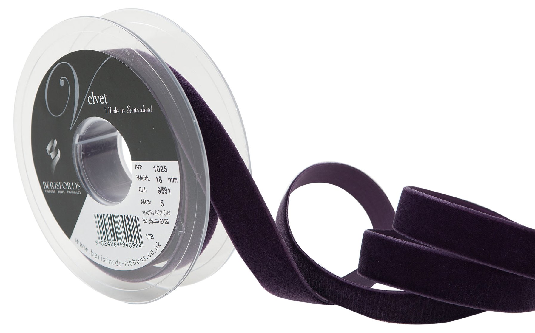 Berisfords Velvet Ribbon, Plum, 102 x 21 x 102 cm