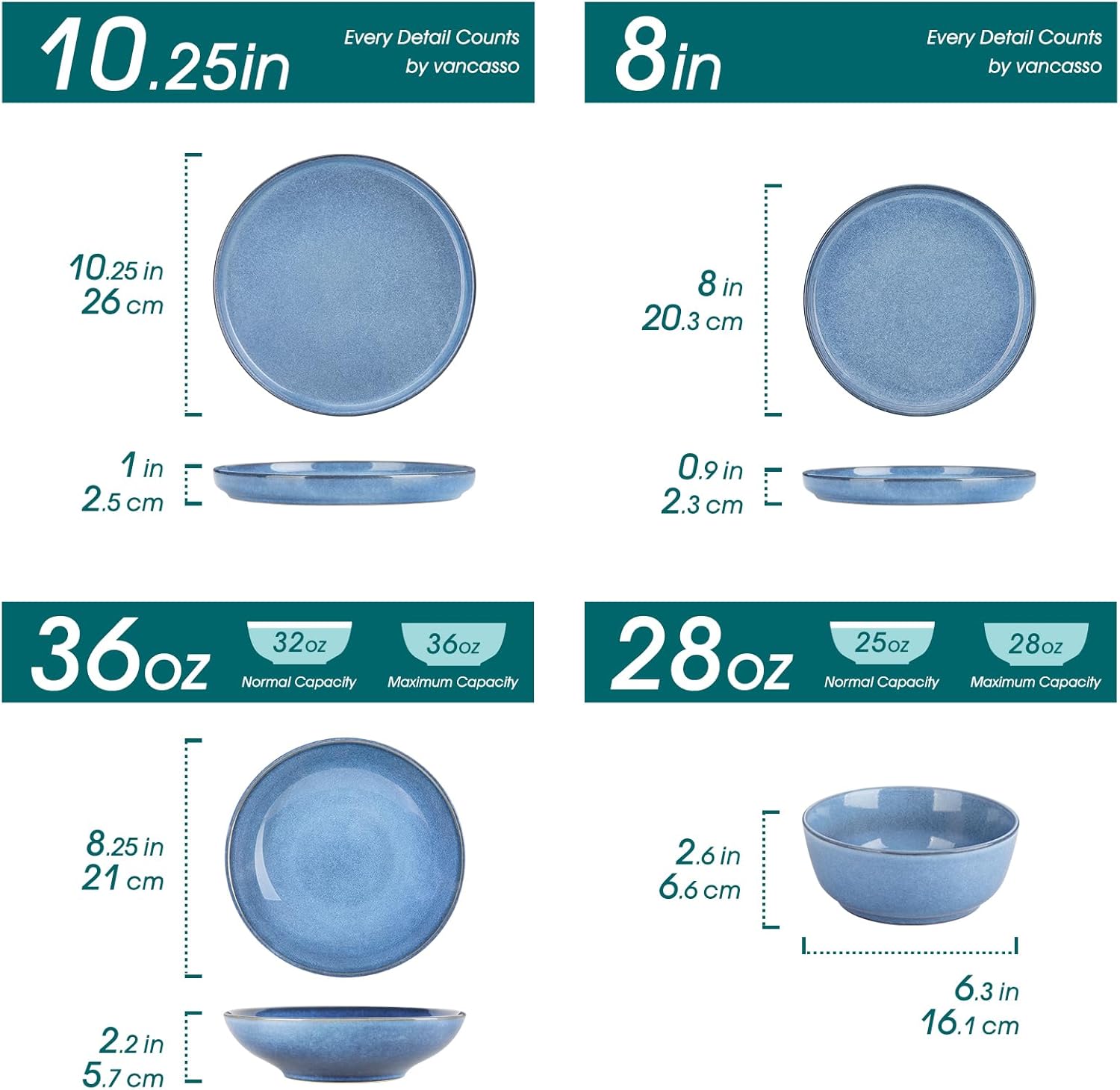 vancasso ANYA 24 Pieces Plates and Bowls Set, Blue Dinnerware Sets, Reactive Glaze Dishes Set for 6, Ceramic Dishware Sets Kitchen Dinner Set, Microwave & Dishwasher Safe